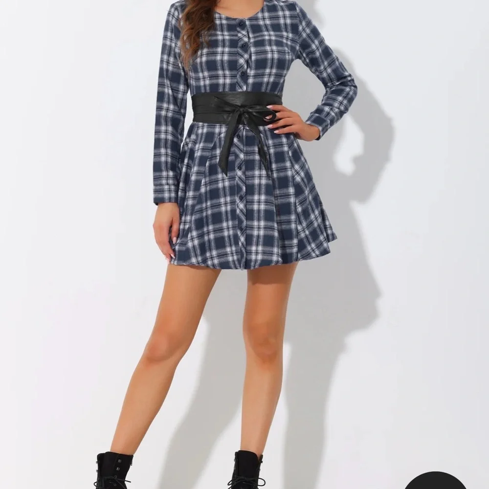 Allegra K Blue Plaid Mini Dress with Black Belt - Picture 2 of 3